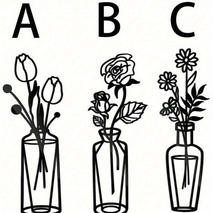 3-Piece Metal Flower Wall Decor Set Simple Iron Vase Wall Art for Home Room
