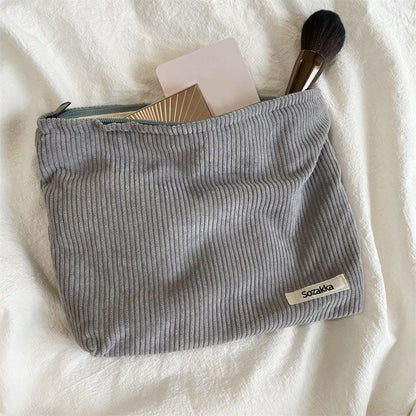 Large Cosmetic Bag Corduroy Cloth Makeup Pouch Traveling Lipstick Organizer Case