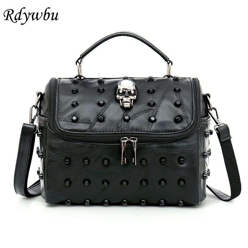 Real Split Sheep Leather Messenger Bag Rivet Skull Handbag Travel Crossbody