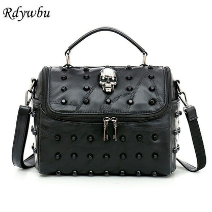 Real Split Sheep Leather Messenger Bag Rivet Skull Handbag Travel Crossbody
