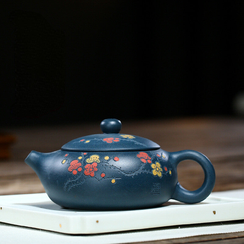 Chinese Yixing Zisha Pottery Celeste Clay 200ML Plum Blossom Flat Xishi Teapot