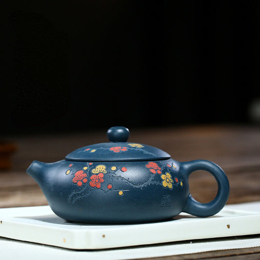 Chinese Yixing Zisha Pottery Celeste Clay 200ML Plum Blossom Flat Xishi Teapot