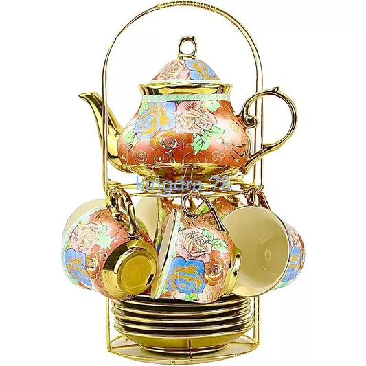 20 Pieces Porcelain Tea Set Metal Holder, European Ceramic Flower Tea Set