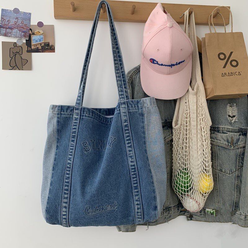 Shoulder Bag Big Denim Handbag Shopping Purse Tote Letter Print 34*36*8 CM Blue