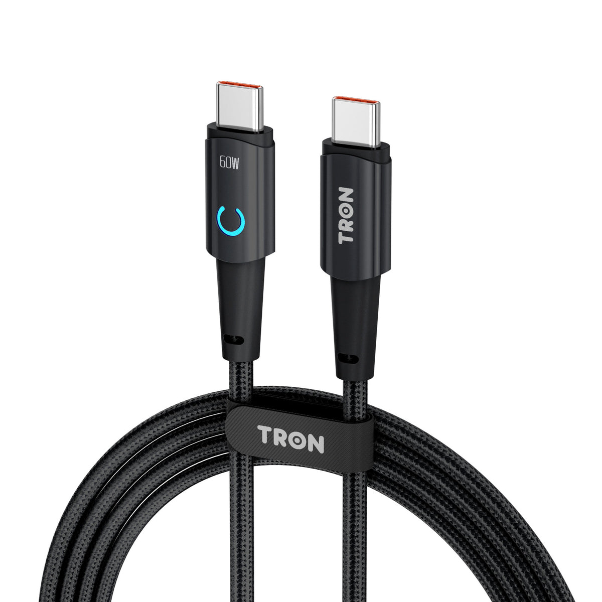 TRON USB C to C Braided Charger Cable - Black & White, 6FT, with LED Light