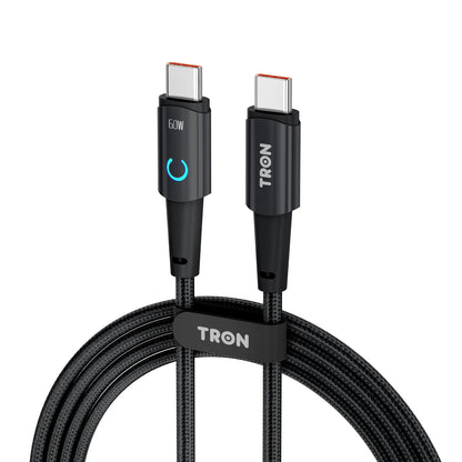 TRON USB C to C Braided Charger Cable - Black & White, 6FT, with LED Light