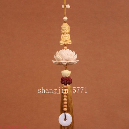 Handmade Boxwood Lotus Buddha Fu Figurines Pendants Car Ornaments Chinese Style