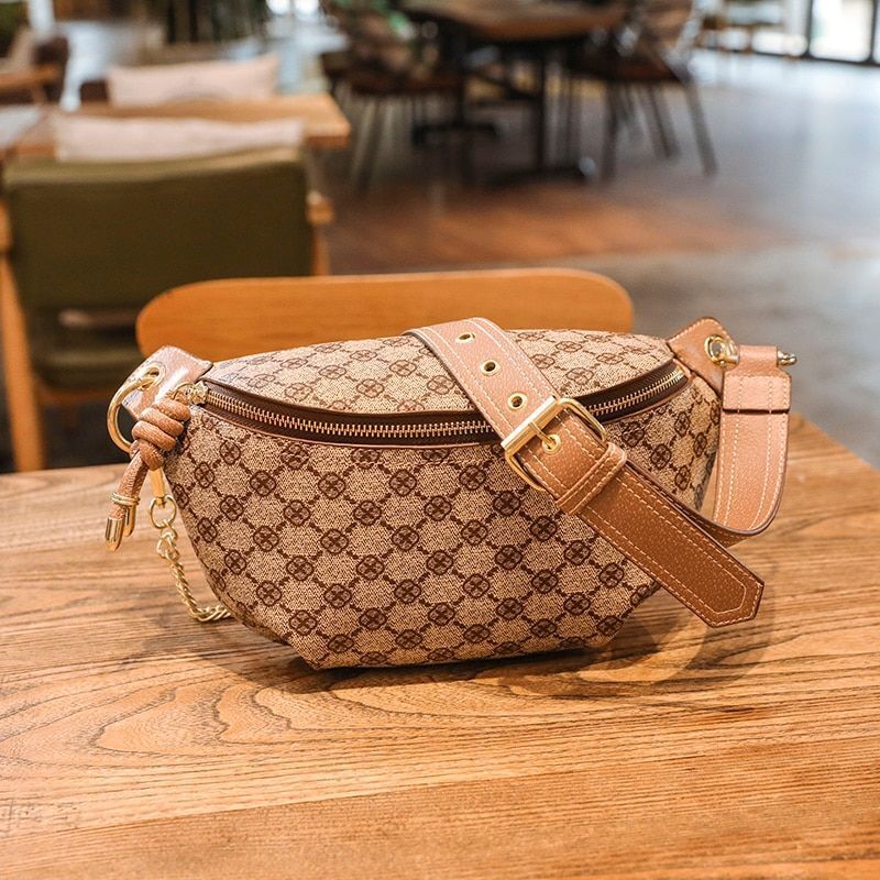 Shoulder Bag Luxury Crossbody Sling Chain Strap Leather Plaid Chest Belt Handbag