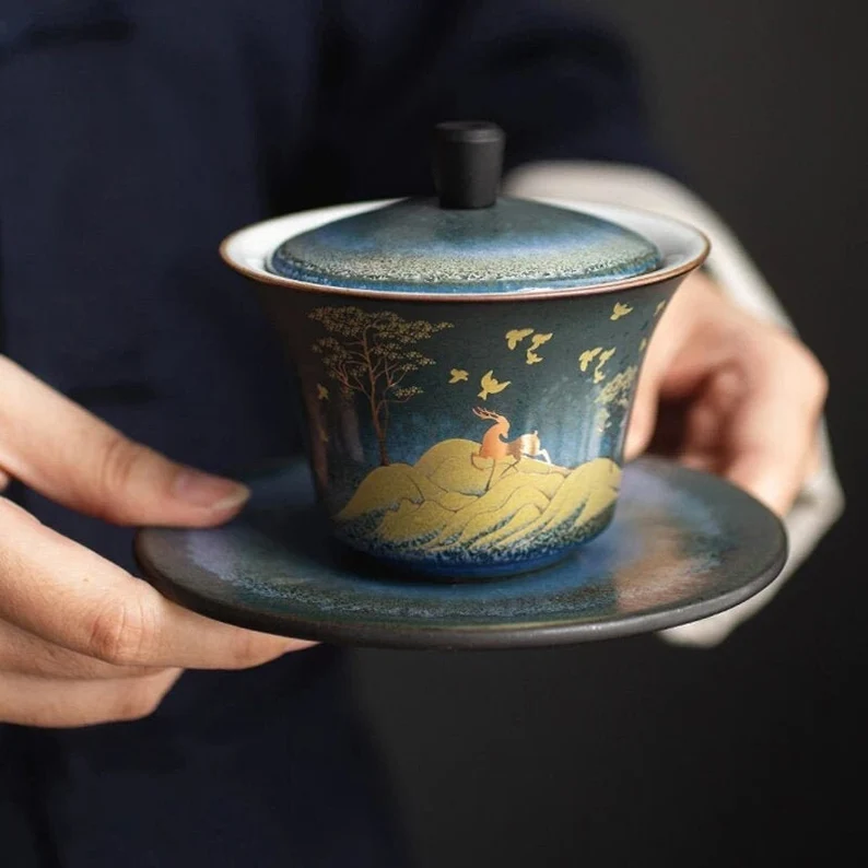 Embersceramic Ceramic Teacup Gold Deer Chinese Kung Fu Gaiwan for Tea