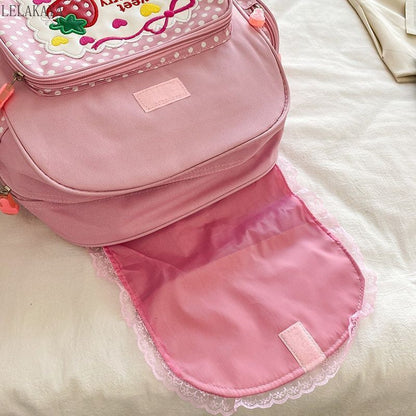 Backpack Embroidery Strawberry Pattern Lace Shoulder Bags Waterproof 30*37*13 CM