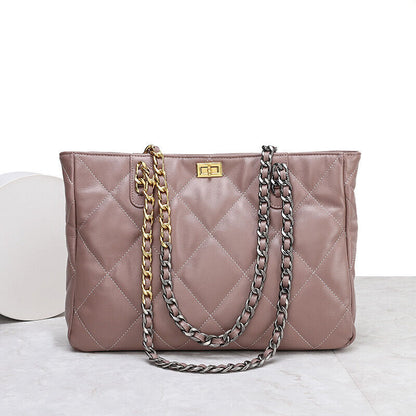 Quilted Sheepskin Leather Shoulder Bag Tote Handbag w/ Chains Purse Fashion