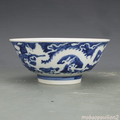 7.3" Old Ming Blue and White Porcelain Seawater Animal Dragon Grain Bowl
