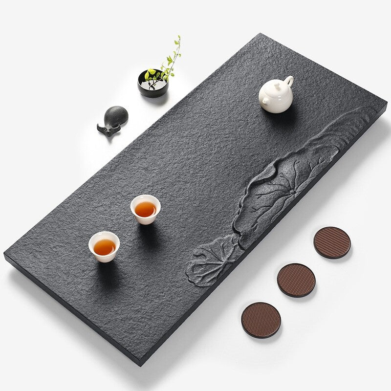 Water Draining Tea Tray Lotus Design Carved Black Stone Serving Tray Embossed