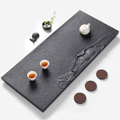 Water Draining Tea Tray Lotus Design Carved Black Stone Serving Tray Embossed