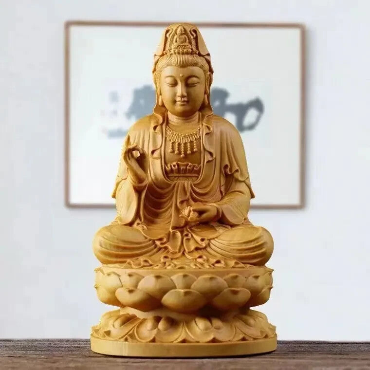 3" Natural Sichuan thuja Wood Carving Kwan-yin Statue Home Office Fengshui Decor