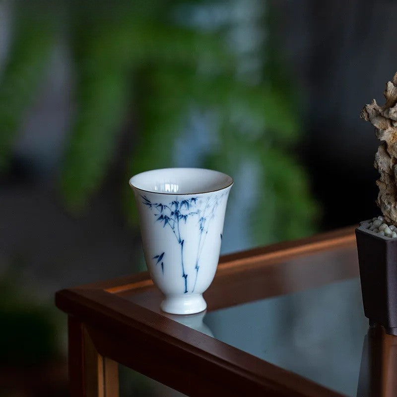 White Porcelain Hand-painted Bamboo Teacup Vintage Tea Bowl Tea-tasting Cup