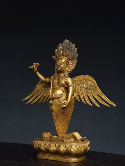 11.2"Bronze gilt Redpoll Winged Garuda Bird Eagle Buddha Vajra King Kong statue