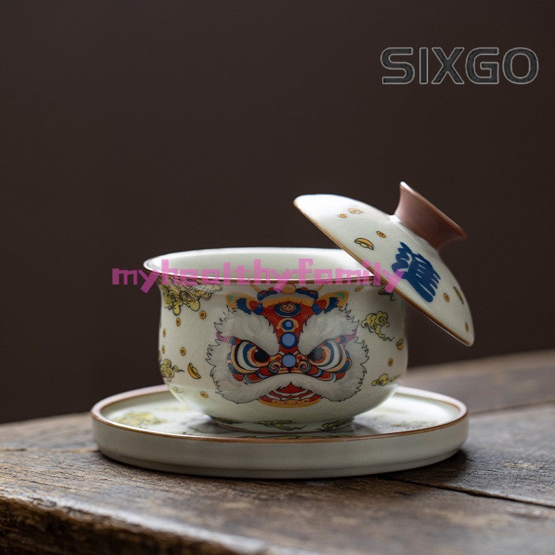 Ru Kiln Lion Awakening Three Cai Gaiwan Teacup Kung Fu Ceramic Tea Set