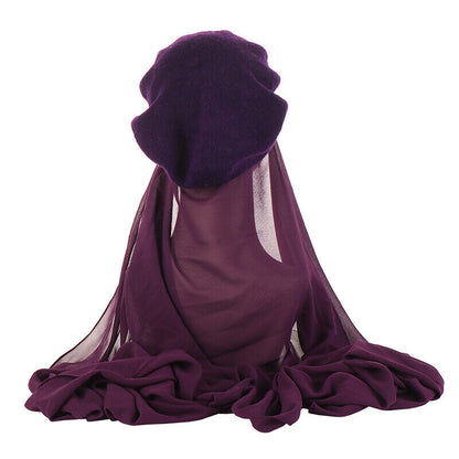 Women's Beret Hat Chiffon Scarf Instant Hijab Shawls Wrap Headsacrf Bandana Caps