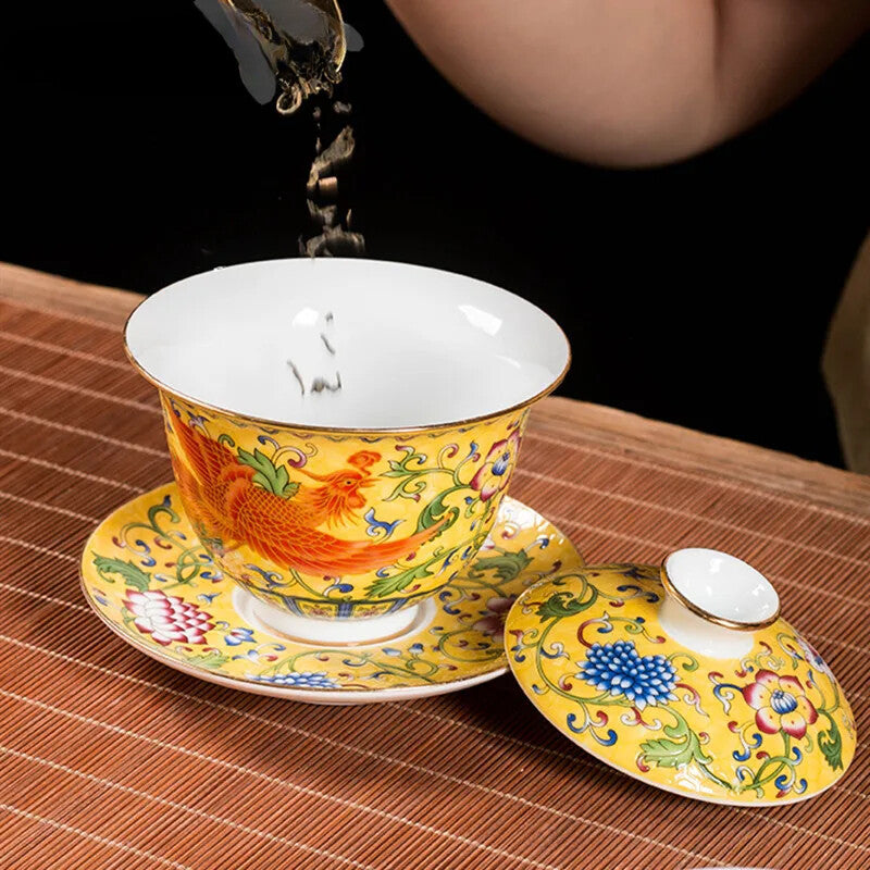Ceramics Sancai Gaiwan Bowl Dragon and Phoenix Tea Cup Handmade Enamel Color