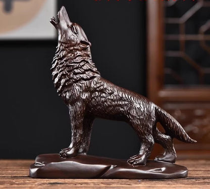 Natural Ebony Wood Carved Wolf Statue Figurine Animal Collectible