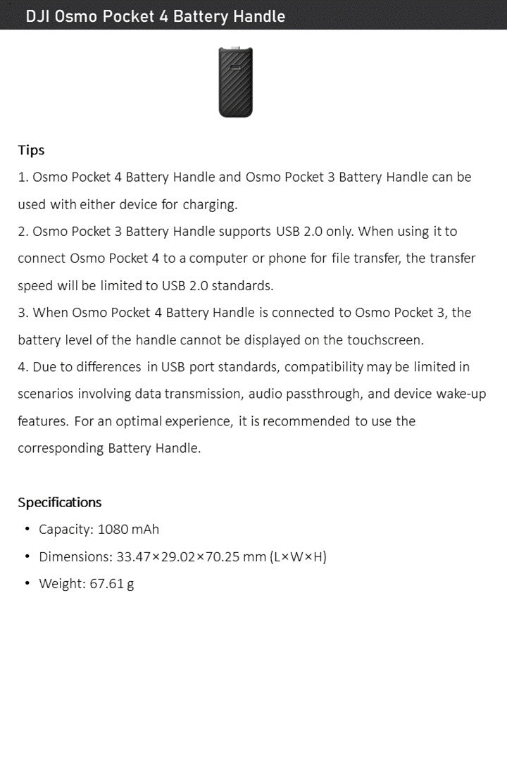 Original DJI Osmo Pocket 4 Battery Handle 1080mAh for Pocket 3 / 4 / Pocket 4P