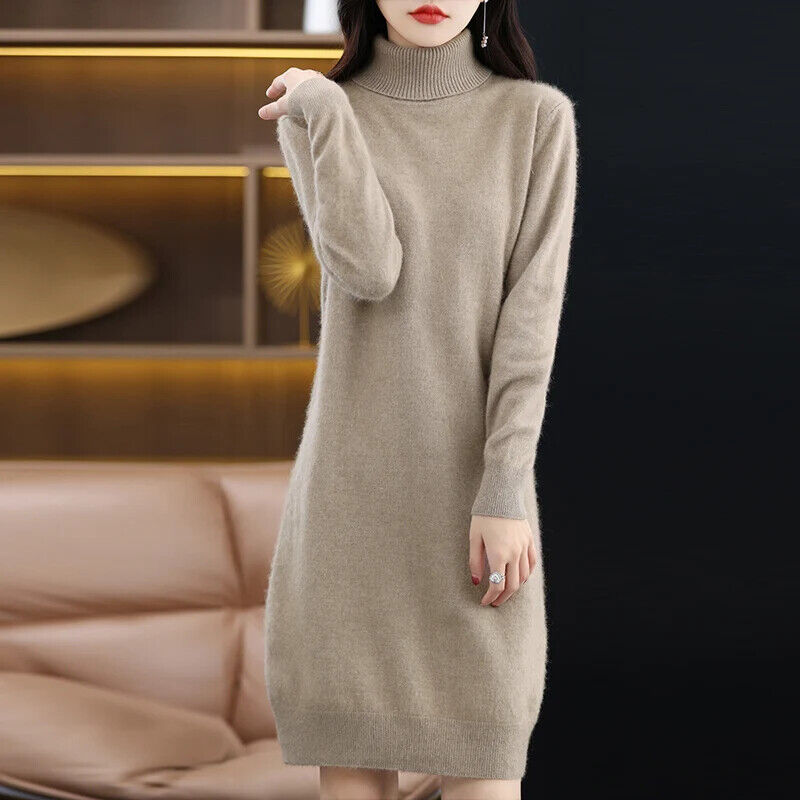 Women's High Back Collar Long Sweater Casual Long Sleeve Dress