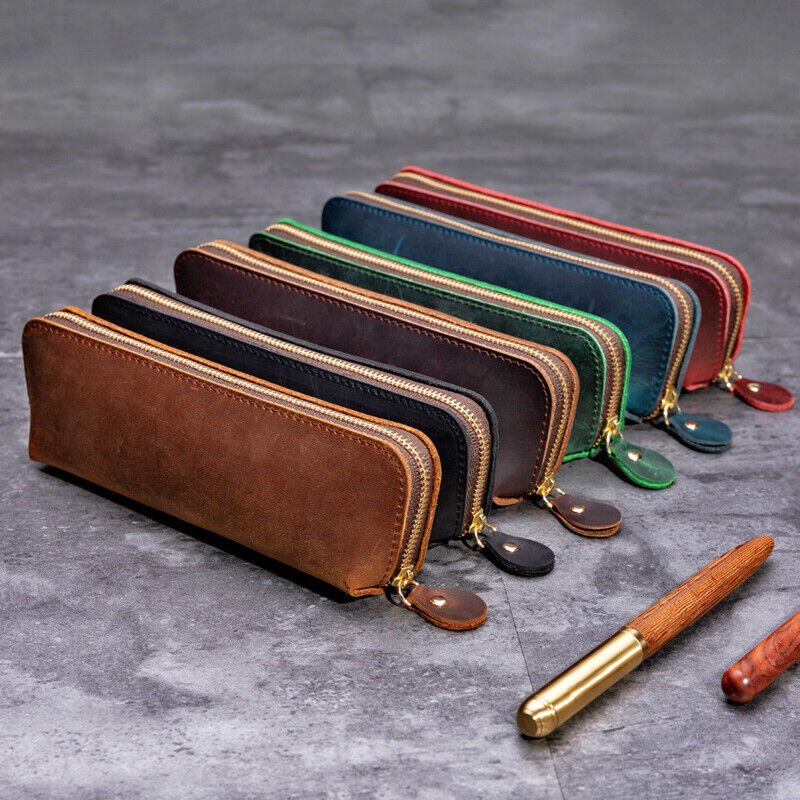 Handmade Cowhide Leather Vintage Zipper Pen Pencil Case Stationery Storage Bag