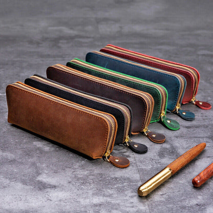 Handmade Cowhide Leather Vintage Zipper Pen Pencil Case Stationery Storage Bag
