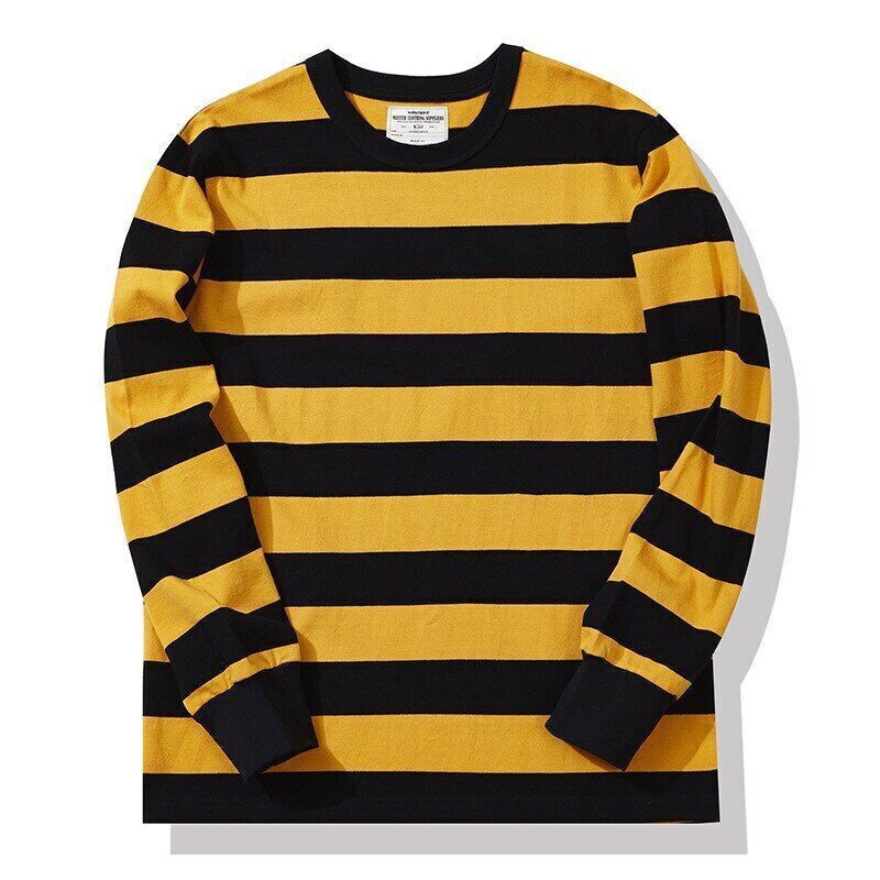 280g Heavyweight Cotton Striped Long Sleeve T-Shirt Men Autumn Navy Thick Tops