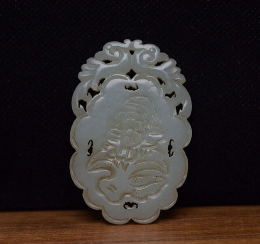 Antique Chinese Hetian Jade Carved Flower Bird Statue Exquisite Pendant Jewelry