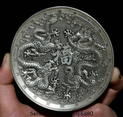 4" Old China Silver Dynasty 12 Zodiac Year Animal 2 Dragon 福 Round Plate Tray