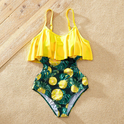 Matching Swimsuits Arrival Summer Floral Print Striped One Shoulder Family Nylon