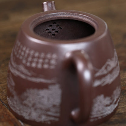 Handmade Tea Pot Marked 9 Infuser Holes Mountain Engraved Yixing Zisha Clay Pot