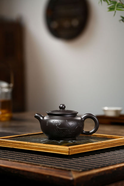 5" Chinese Yixing Zisha Pottery Black Zhu Clay 200ML Lotus Flower Teapot 壶趣