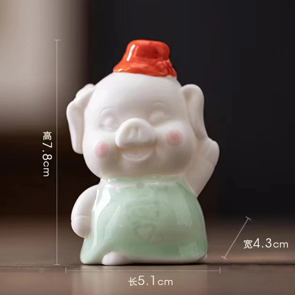 Ceramic Pig Red Cap Tea Pet Porcelain Desktop Ornament Decor Pig Tea Figures
