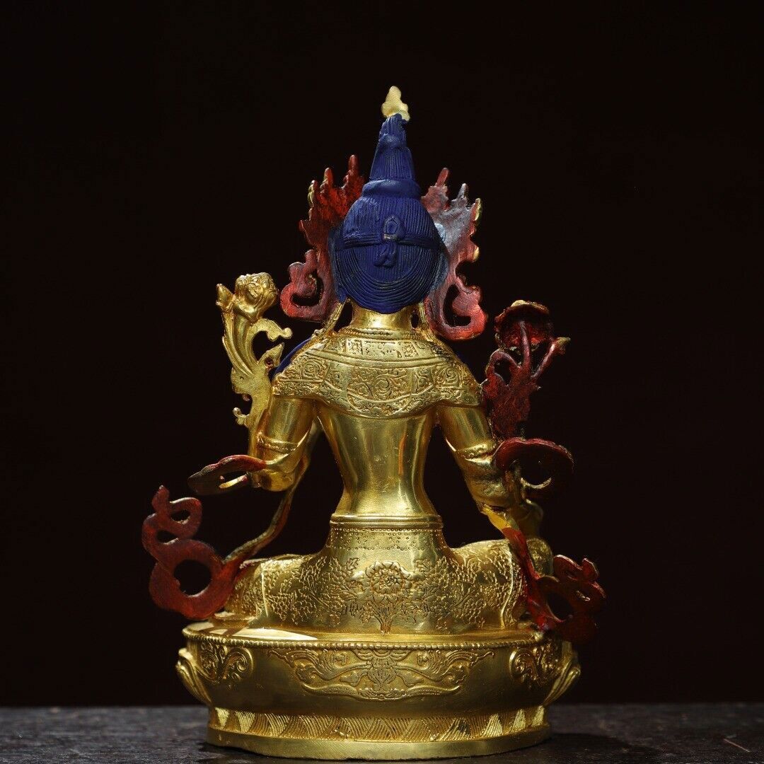 8"China Tibet Tibetan Buddhism temple Bronze gilt Green Tara Bodhisattva statue