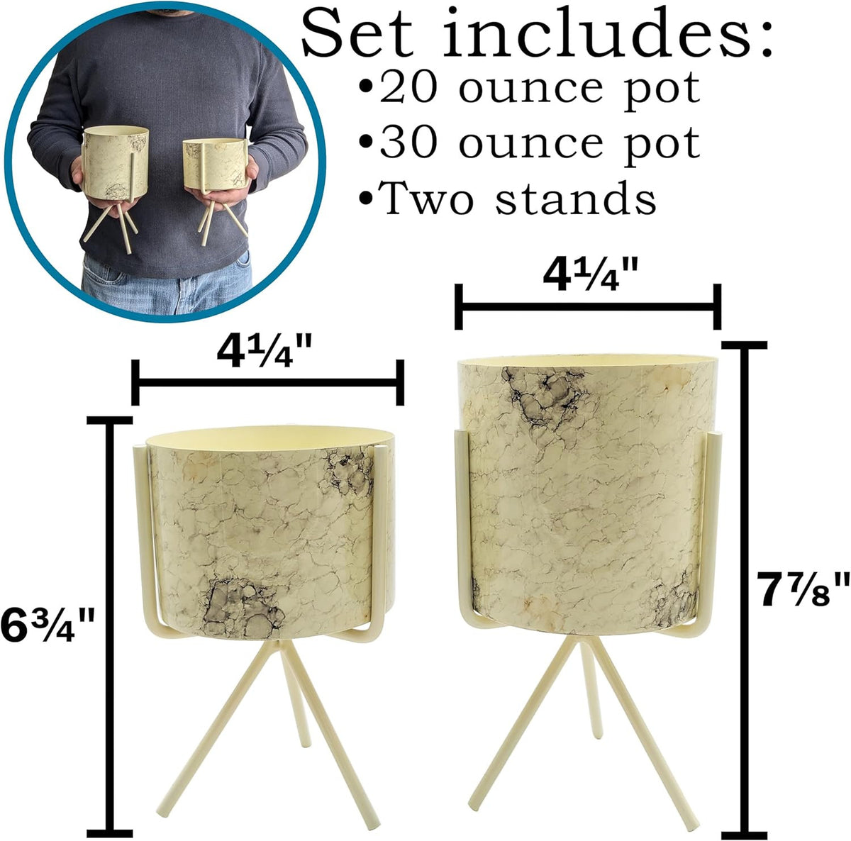 Mini 20 Ounce & 30 Ounce Off-White Marbled Tabletop Indoor Planters with Stands
