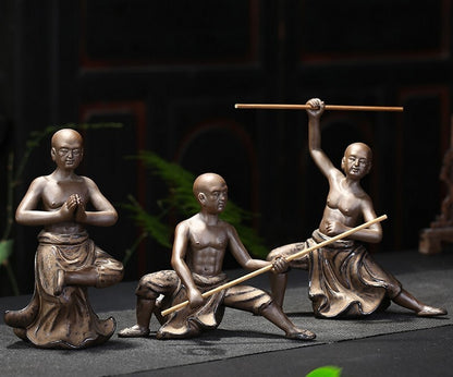 3 Pcs Porcelain Warrior Monk Statue Chinese Shaolin Temple Kung Fu Decor