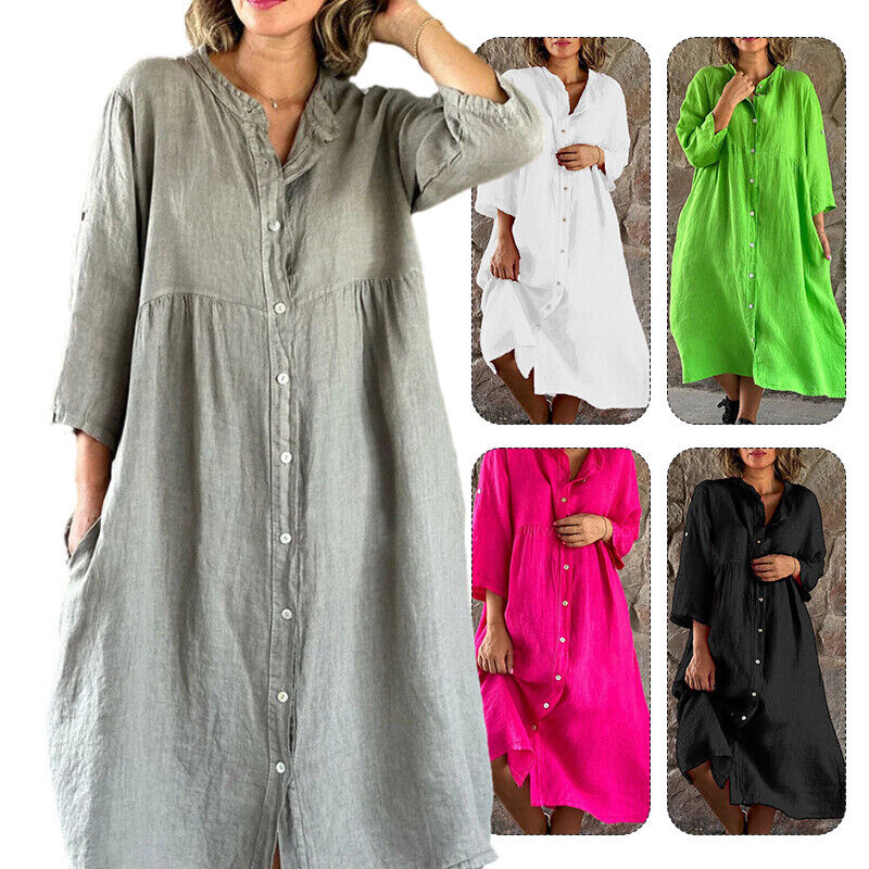 Womens Cotton Linen Shirt Dress Loose Button Up Casual Baggy Long Tops Tunic