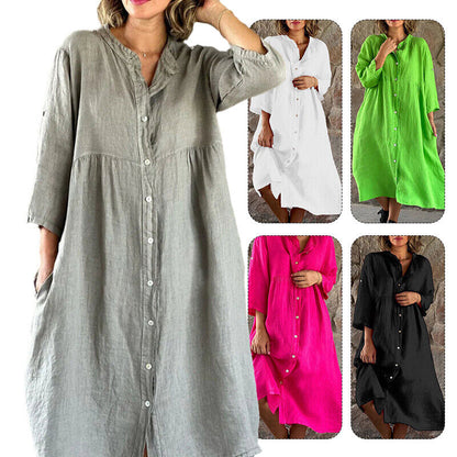 Womens Cotton Linen Shirt Dress Loose Button Up Casual Baggy Long Tops Tunic