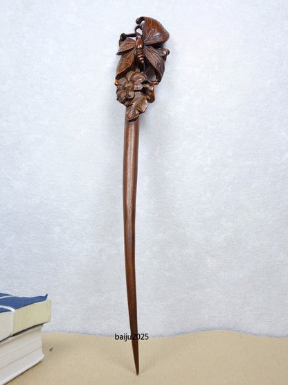 Chinese Antique Boxwood Wooden Carved Butterfly Statue Hairpin Hair Accessories