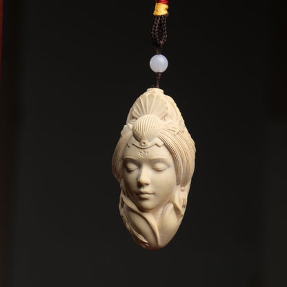 New Boxwood Carved Chinese Beauty Girl Statue Pendant