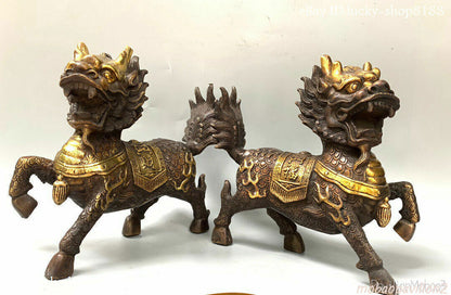 8”Folk China Copper Gilt Dynasty Palace Fengshui Kylin Chi-lin Qilin Statue Pair