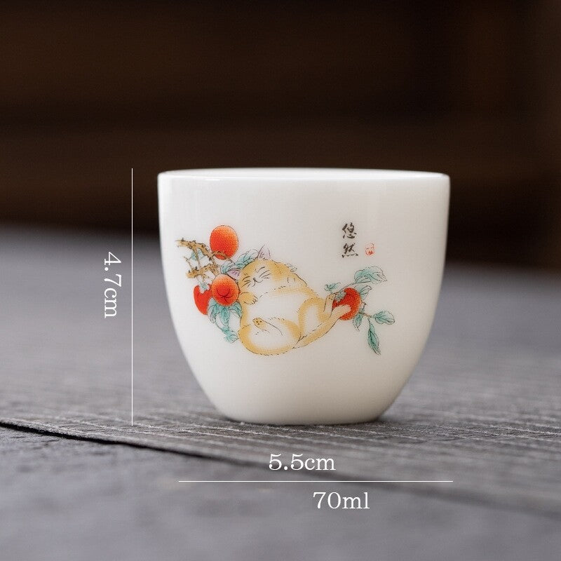 One Cup Fat Mutton Jade Porcelain Tea Cup Love Cat Print Kungfu Tea Cup 70ml New