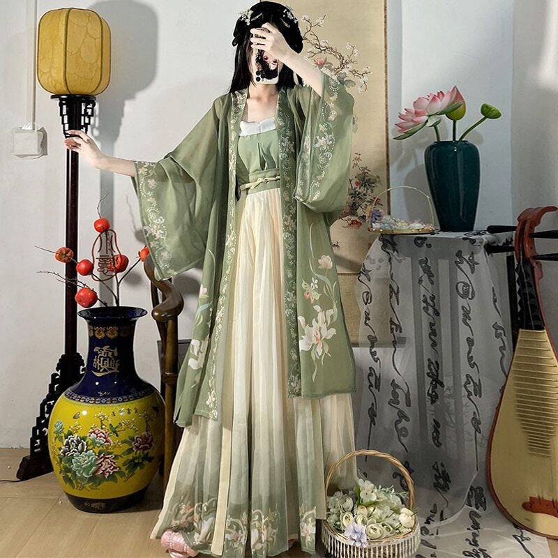 Chinese Hanfu Dress 3PCS Set Tea Green Flowing Maxi Dress Chinese Ancient Women