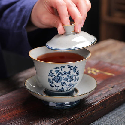170ml Retro Dehua Hand Painted Gaiwan Blue Porcelain Tea Bowl Tea Set Tureen