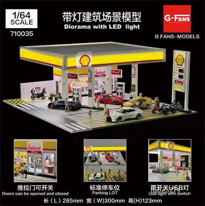 1: 64 Shell Gas Station Architectural Scene Model Parking Lot with LED Light
