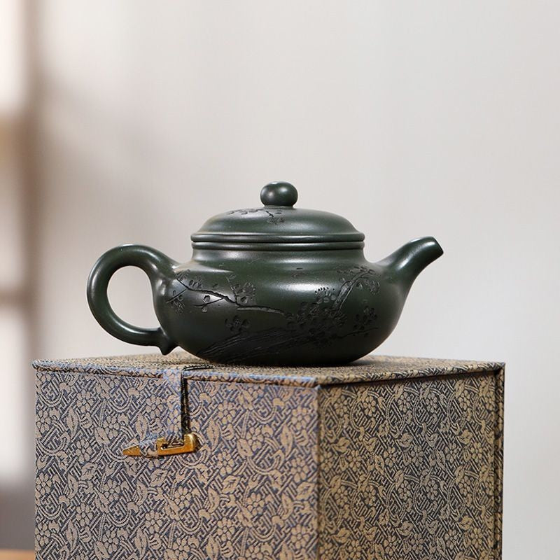 Yixing Zisha Teapot Handmade Green Clay Plum Antique Tea Pot 320ml Kung Fu Tea
