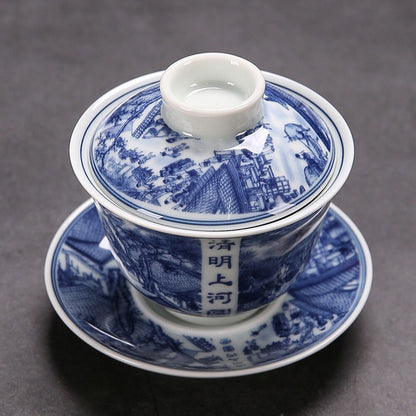 Blue-and-white Porcelain Tea Set Riverside Scene At Qingming Festival Gaiwan Cup
